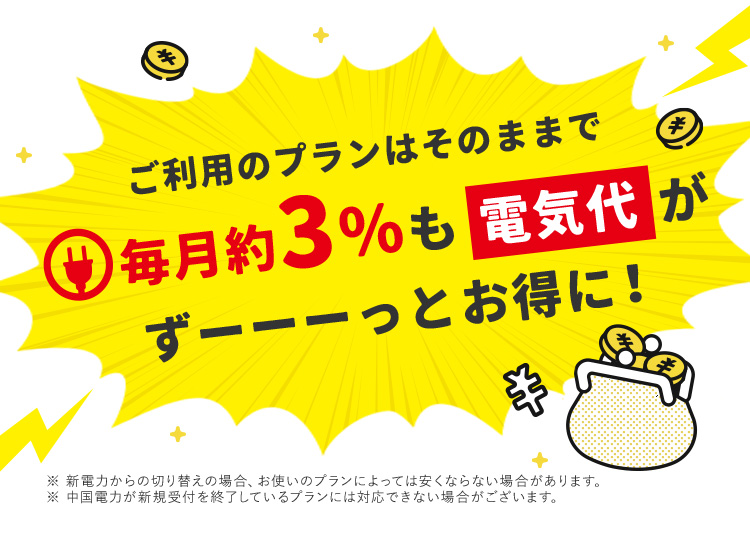 ご利用のプランはそのままで毎月約3％も電気代がずーっとお得に！ ※新電力からの切り替えの場合、お使いのプランによっては安くならない場合があります。 ※中国電力が新規受付を終了しているプランには対応できない場合がございます。