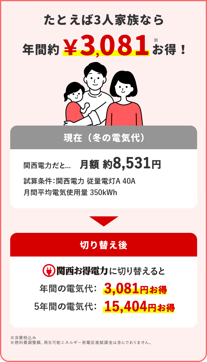 たとえば3人家族なら 年間約3,081円※お得！ 現在(冬の電気代) 関西電力だと… 月額 約8,531円 試算条件：関西電力 従量電灯A 40A 月間平均電気使用量 350kWh 切り替え後 関西お得電力に切り替えると 年間の電気代：3,081円お得 5年間の電気代：15,404円お得 ※消費税込み ※燃料費調整額、再生可能エネルギー発電促進賦課金は含んでおりません。