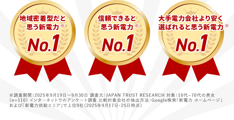 地域密着型だと思う新電力No.1※ 信頼できると思う新電力No.1※ 大手電力会社より安く選ばれると思う新電力No.1※ ※調査期間：2025年9月19日から9月30日 調査元: JAPAN TRUST RESEARCH 対象：10代から70代の男女 (n=110) インターネットでのアンケート調査 比較対象会社の抽出方法 Google検索「新電力ホームページ」および 「新電力供給エリア」 で上位9社 (2025年9月17日・25日時点)