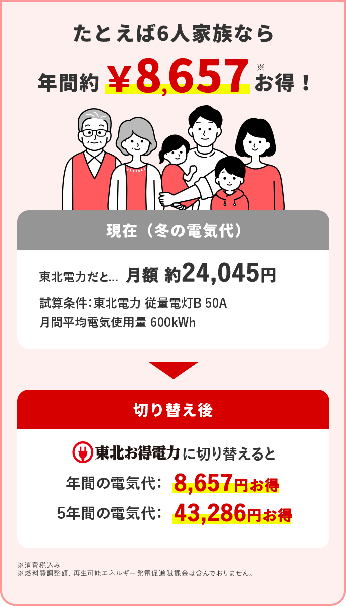 たとえば6人家族なら 年間約8,657円※お得！ 現在(冬の電気代) 東北電力だと… 月額 約24,045円 試算条件：東北電力 従量電灯B 50A 月間平均電気使用量 600kWh 切り替え後 東北お得電力に切り替えると 年間の電気代：8,657円お得 5年間の電気代：43,286円お得 ※消費税込み ※燃料費調整額、再生可能エネルギー発電促進賦課金は含んでおりません。
