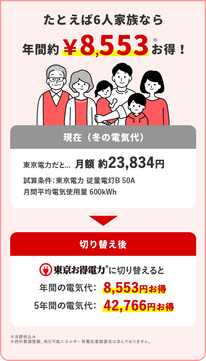 たとえば6人家族なら 年間約8,553円※お得！ 現在(冬の電気代) 東京電力だと… 月額 約23,834円 試算条件：東京電力 従量電灯B 50A 月間平均電気使用量 600kWh 切り替え後 東京お得電力に切り替えると 年間の電気代：8,553円お得 5年間の電気代：42,766円お得 ※消費税込み ※燃料費調整額、再生可能エネルギー発電促進賦課金は含んでおりません。