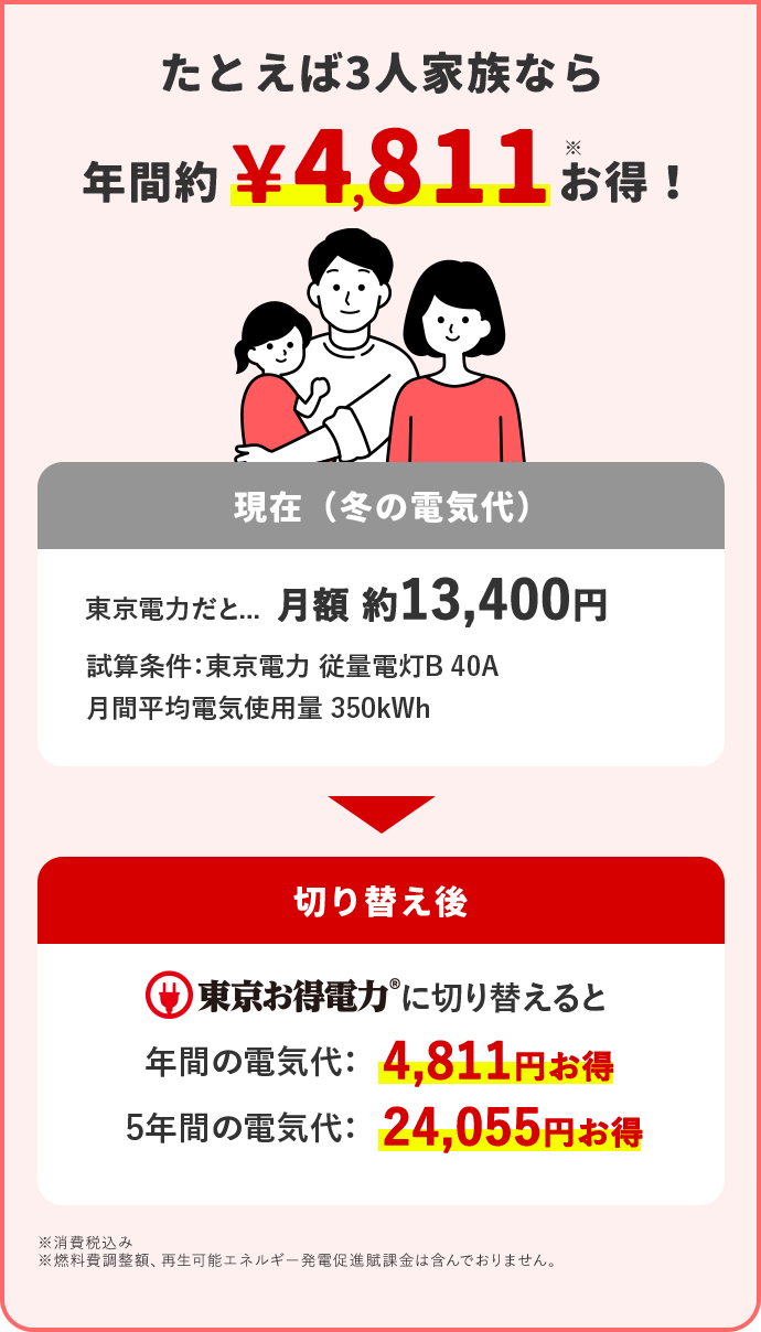 たとえば3人家族なら 年間約4,811円※お得！ 現在(冬の電気代) 東京電力だと… 月額 約13,400円 試算条件：東京電力 従量電灯B 40A 月間平均電気使用量 350kWh 切り替え後 東京お得電力に切り替えると 年間の電気代：4,811円お得 5年間の電気代：24,055円お得 ※消費税込み ※燃料費調整額、再生可能エネルギー発電促進賦課金は含んでおりません。